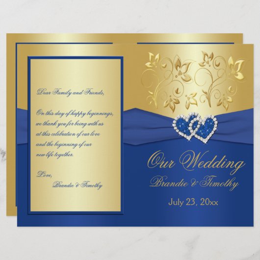 Royal Blue en Gold Joined Hearts Wedding Program (Voorkant / Achterkant)