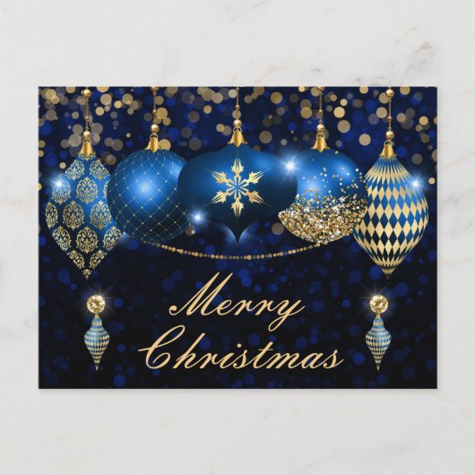 Royal Blue en Gold KerstBaubles Feestdagenkaart (Voorkant)