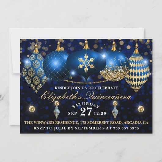 Royal Blue en Gold Kerstbles Quinceañera Kaart (Voorkant)