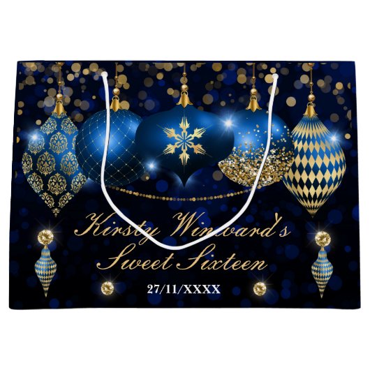Royal Blue en Gold Kerstbles Sweet 16 Groot Cadeauzakje (Voorkant)