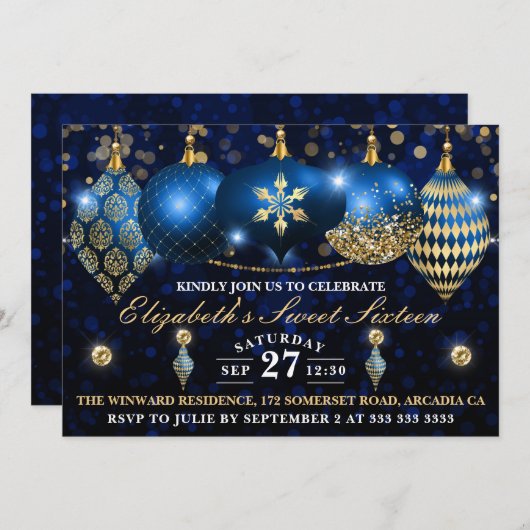 Royal Blue en Gold Kerstbles Sweet 16 Kaart (Voorkant / Achterkant)