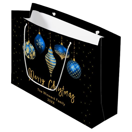 Royal Blue en Gold Ornamenten Vrolijk kerstfeest Groot Cadeauzakje (Voorkant Gekanteld)