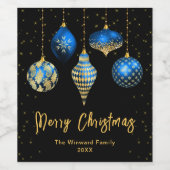 Royal Blue en Gold Ornamenten Vrolijk kerstfeest Wijn Etiket (Enkel label)