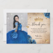 Royal Blue en Gold Quinceañera Foto Birthday Bedankkaart (Voorkant)