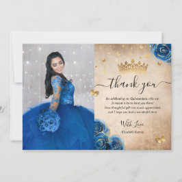 Royal Blue en Gold Quinceañera Foto Birthday Bedankkaart