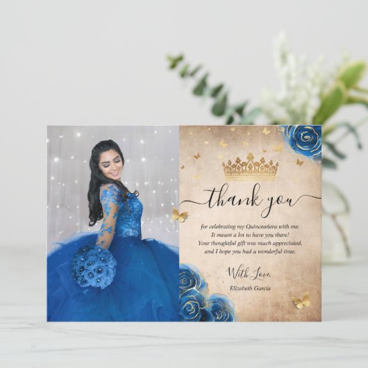 Royal Blue en Gold Quinceañera Foto Birthday Bedankkaart (Staand voorkant)