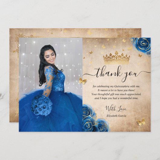 Royal Blue en Gold Quinceañera Foto Birthday Bedankkaart (Voorkant / Achterkant)