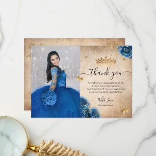 Royal Blue en Gold Quinceañera Foto Birthday Bedankkaart