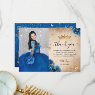 Royal Blue en Gold Rozen Quince Foto Birthday Bedankkaart