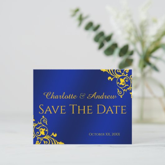 Royal Blue en Gold Save the Date Briefkaart (Staand voorkant)