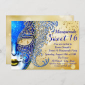 Royal Blue en Gold Sweet 16 Masquerade Party Kaart (Voorkant / Achterkant)