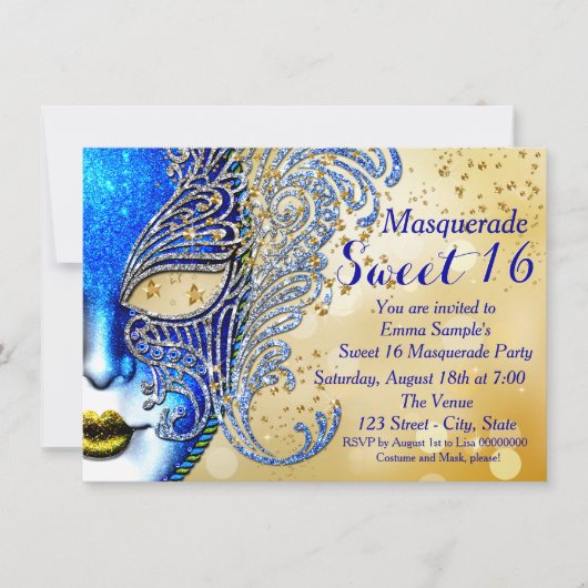 Royal Blue en Gold Sweet 16 Masquerade Party Kaart (Voorkant)