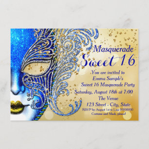 Royal Blue en Gold Sweet 16 Masquerade Party Kaart