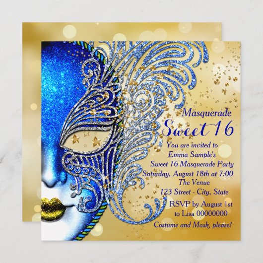 Royal Blue en Gold Sweet 16 Masquerade Party Kaart (Voorkant / Achterkant)
