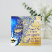 Royal Blue en Gold Sweet 16 Masquerade Party Kaart (Staand voorkant)