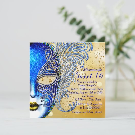 Royal Blue en Gold Sweet 16 Masquerade Party Kaart (Staand voorkant)