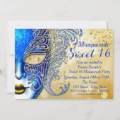 Royal Blue en Gold Sweet 16 Masquerade Party Kaart (Voorkant)