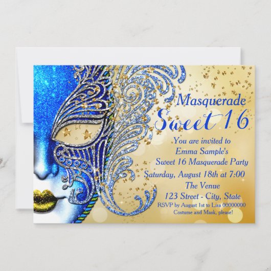 Royal Blue en Gold Sweet 16 Masquerade Party Kaart (Voorkant)