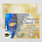 Royal Blue en Gold Sweet 16 Masquerade Party Kaart (Voorkant / Achterkant)