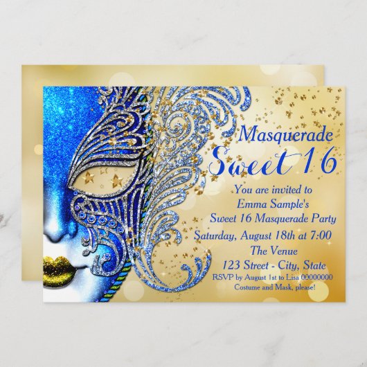 Royal Blue en Gold Sweet 16 Masquerade Party Kaart (Voorkant / Achterkant)