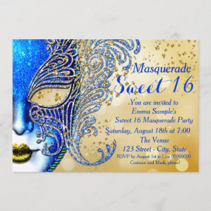 Royal Blue en Gold Sweet 16 Masquerade Party Kaart