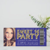 Royal Blue en Gold Sweet 16 ticket Kaart (Staand voorkant)