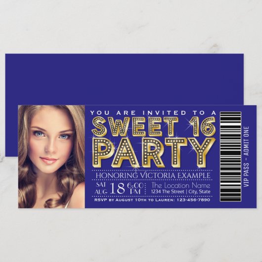 Royal Blue en Gold Sweet 16 ticket Kaart (Voorkant / Achterkant)