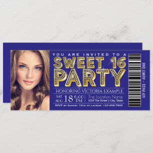 Royal Blue en Gold Sweet 16 Ticket Kaart