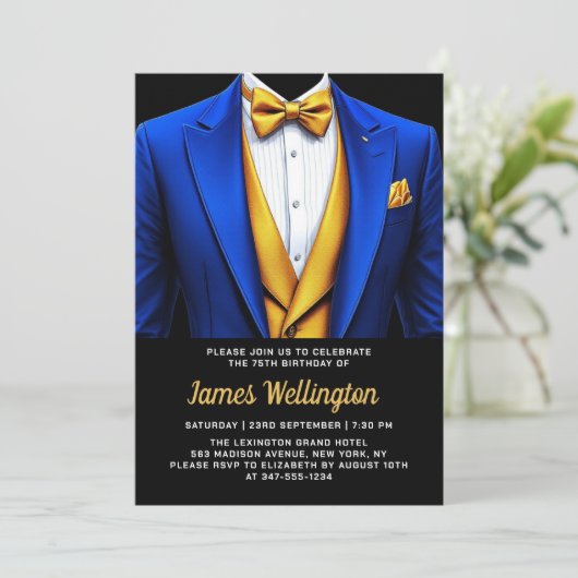 Royal Blue en Gold Tuxedo verjaardagsfeest Kaart (Staand voorkant)