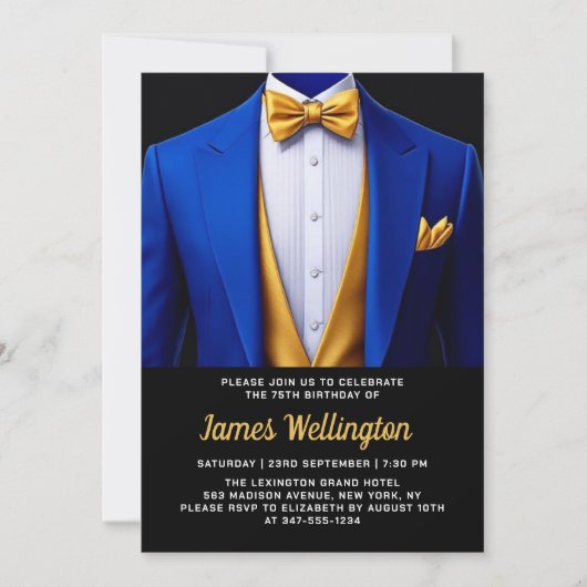 Royal Blue en Gold Tuxedo verjaardagsfeest Kaart (Voorkant)