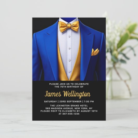 Royal Blue en Gold Tuxedo verjaardagsfeest Kaart (Staand voorkant)