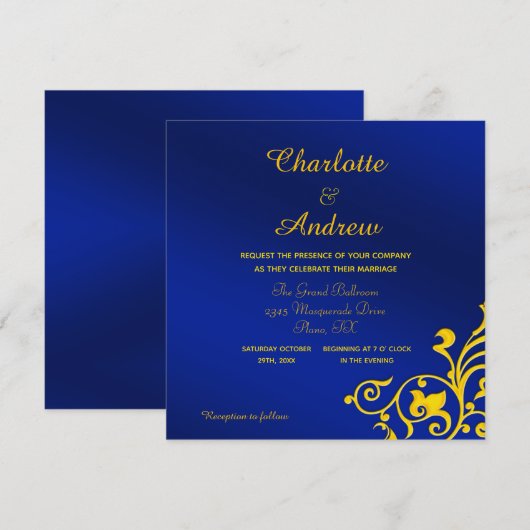 Royal Blue en Gold Wedding Kaart (Voorkant / Achterkant)