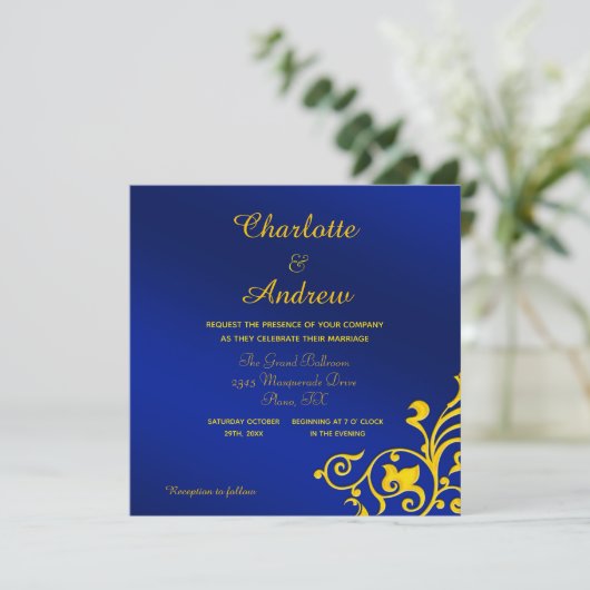 Royal Blue en Gold Wedding Kaart (Staand voorkant)