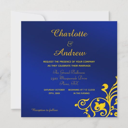 Royal Blue en Gold Wedding Kaart (Voorkant)