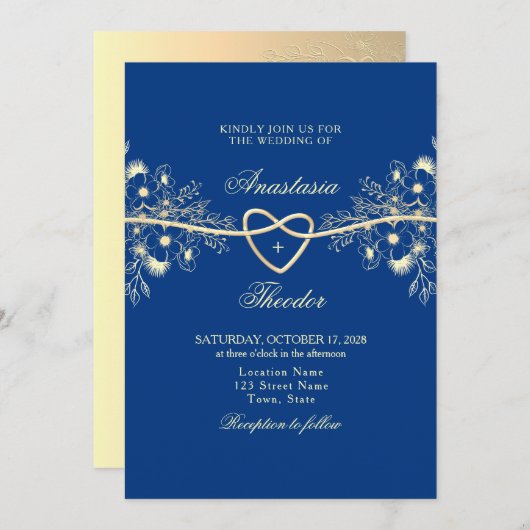 Royal Blue en Gold Wedding Kaart (Voorkant / Achterkant)