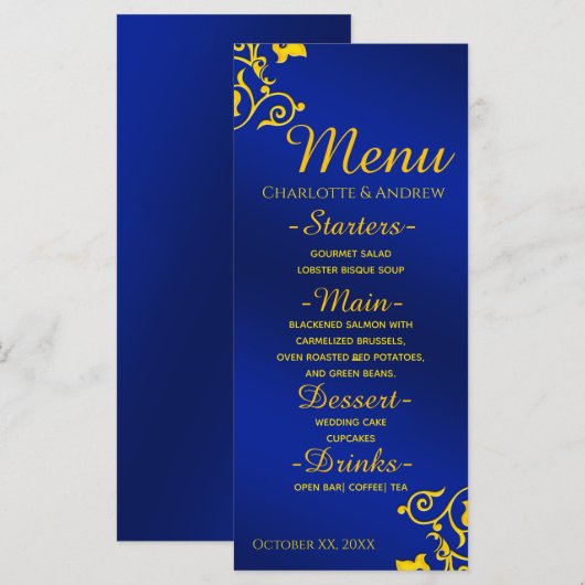 Royal Blue en Gold Wedding Menu (Voorkant / Achterkant)