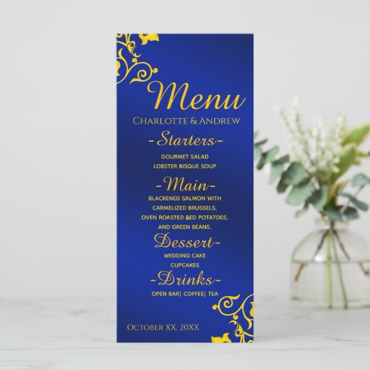 Royal Blue en Gold Wedding Menu (Staand voorkant)