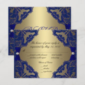 Royal Blue en Gold Wedding RSVP Kaartje (Voorkant / Achterkant)