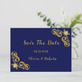 Royal Blue en Gold Wedding Save the Date Kaarten (Staand voorkant)