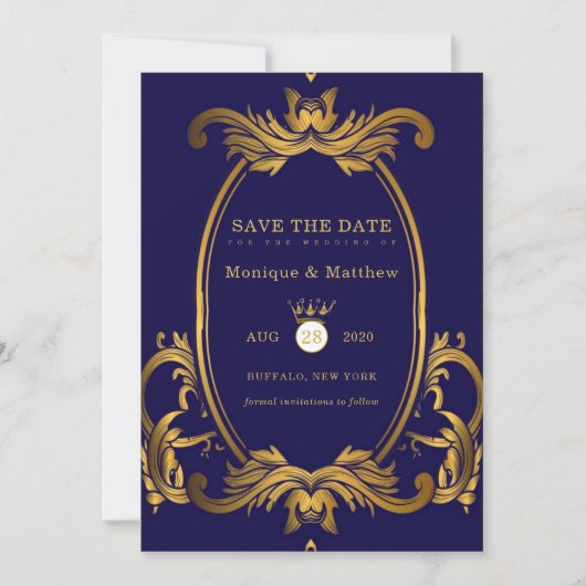 Royal Blue en Gold Wedding Save the Date Kaarten (Voorkant)