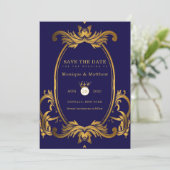 Royal Blue en Gold Wedding Save the Date Kaarten (Staand voorkant)