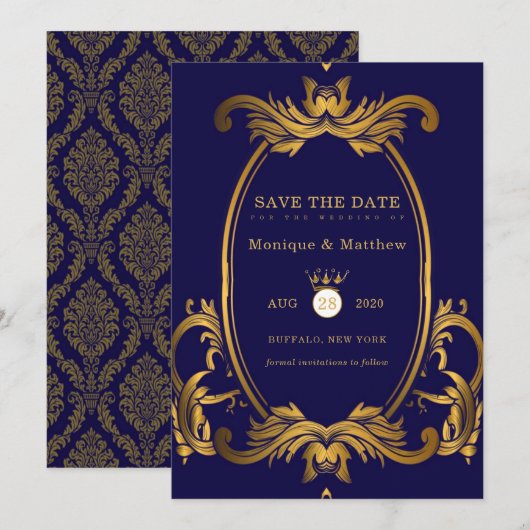 Royal Blue en Gold Wedding Save the Date Kaarten (Voorkant / Achterkant)