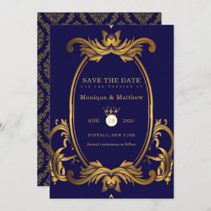 Royal Blue en Gold Wedding Save the Date Kaarten