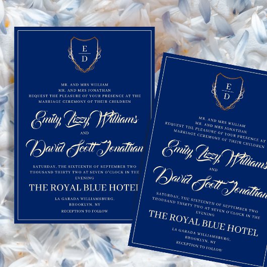 Royal Blue en Golden Classic Monogram Whimsical Kaart