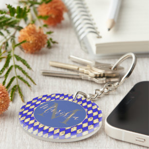 Royal Blue en goud gepersonaliseerde Harlequin Sleutelhanger