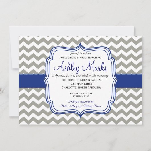 Royal Blue en Gray Chevron Invitation Kaart (Voorkant)