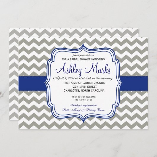Royal Blue en Gray Chevron Invitation Kaart (Voorkant / Achterkant)