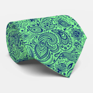 Royal-Blue en Green Floral Paisley Pattern Stropdas