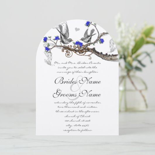 Royal Blue en Grey  Birds Wedding Invite Kaart (Staand voorkant)