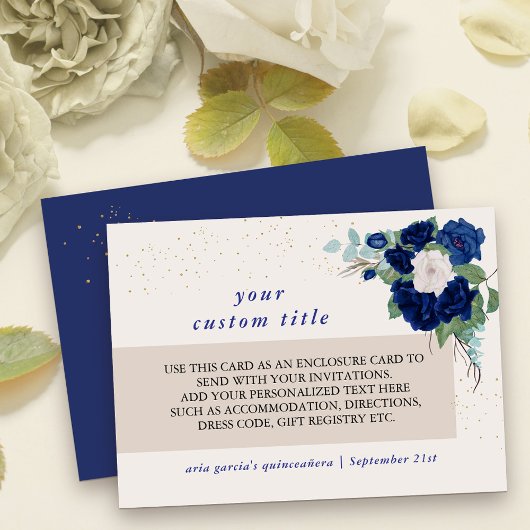 Royal Blue en Ivory Roos Aangepaste details Informatiekaartje
